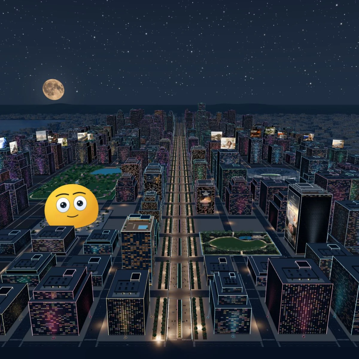 The current AMÁRQUEZ city, with illuminated buildings, rooftop billboards and the smiling sphere