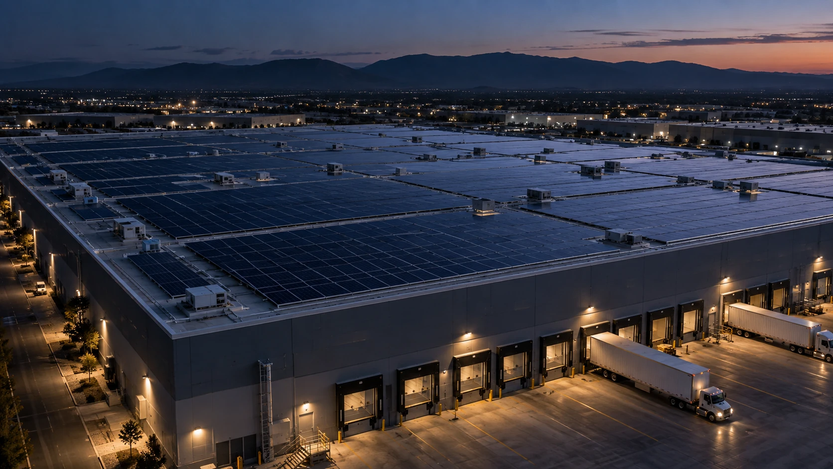 Commercial rooftop covered with solar panels at dusk